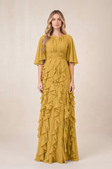 Marigold Ruffled Chiffon Half Sleeves A-Line Mother of the Bride Dress | KISSBRIDAL