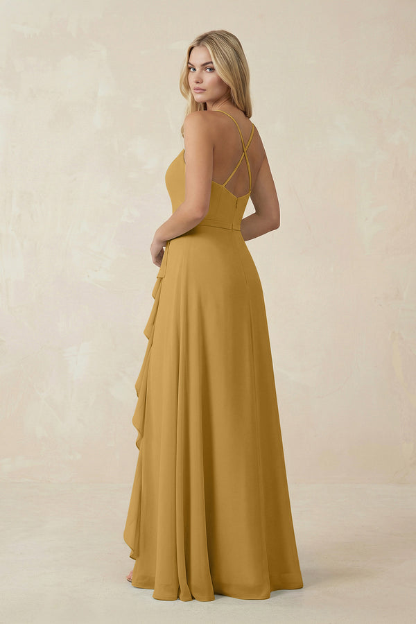 Marigold Ruffled Hem A-Line Chiffon Bridesmaid Dress (2) | KISSBRIDAL