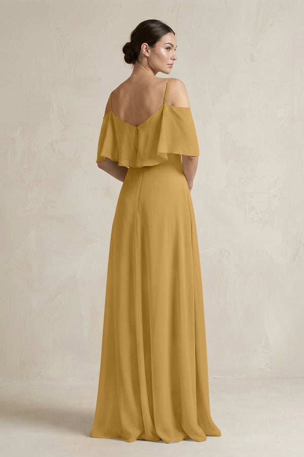 Marigold Ruffled Off-the-Shoulder A-Line Chiffon Bridesmaid Gown (2) | KISSBRIDAL