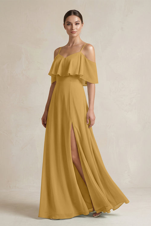 Marigold Ruffled Off-the-Shoulder A-Line Chiffon Bridesmaid Gown | KISSBRIDAL