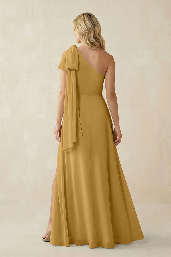 Marigold Ruffled One Shoulder Chiffon Bridesmaid Dress With Slit in Marigold (2) | KISSBRIDAL
