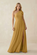 Marigold Ruffled One Shoulder Chiffon Bridesmaid Dress With Slit in Marigold | KISSBRIDAL