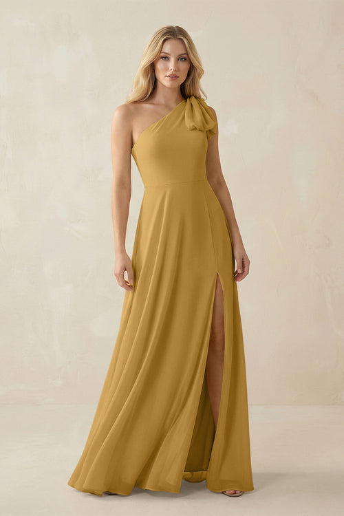 Marigold Ruffled One Shoulder Chiffon Bridesmaid Dress With Slit in Marigold | KISSBRIDAL