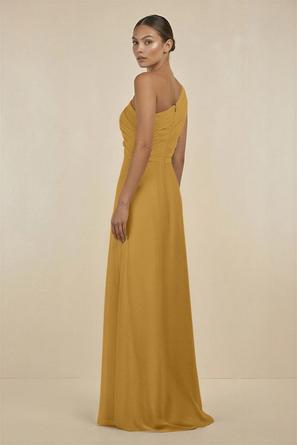 Marigold Ruffled One-Shoulder Pleated Sheath Bridesmaid Dress (2) | KISSBRIDAL