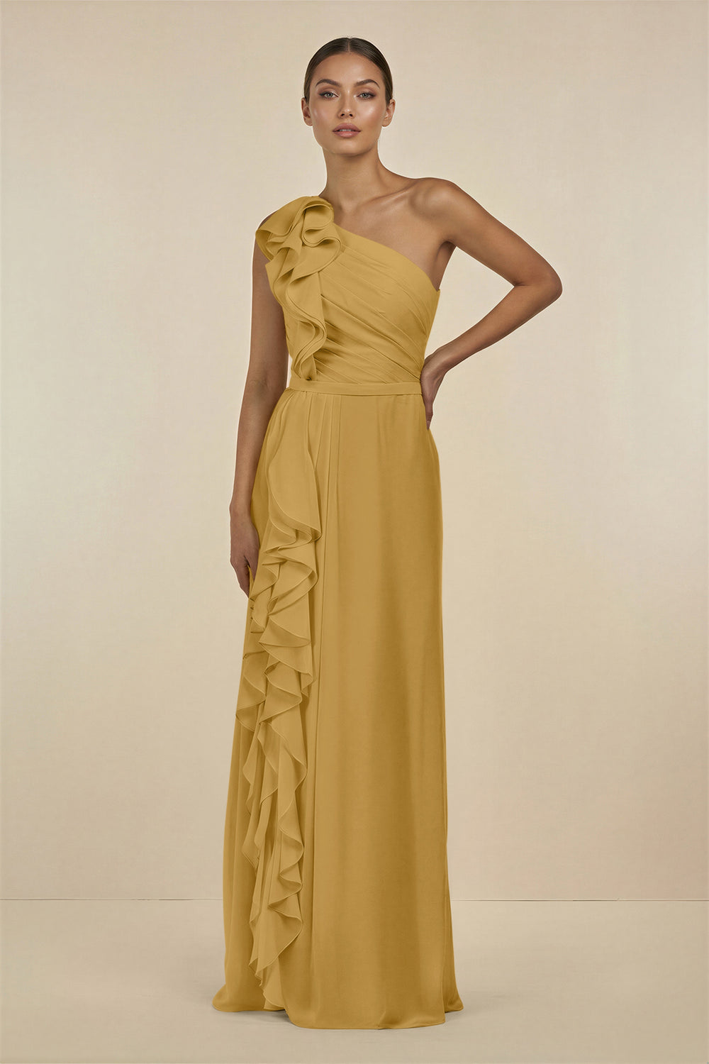 Ruffled One-Shoulder Pleated Sheath Bridesmaid Dress in Marigold