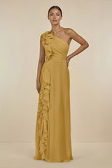 Marigold Ruffled One-Shoulder Pleated Sheath Bridesmaid Dress | KISSBRIDAL