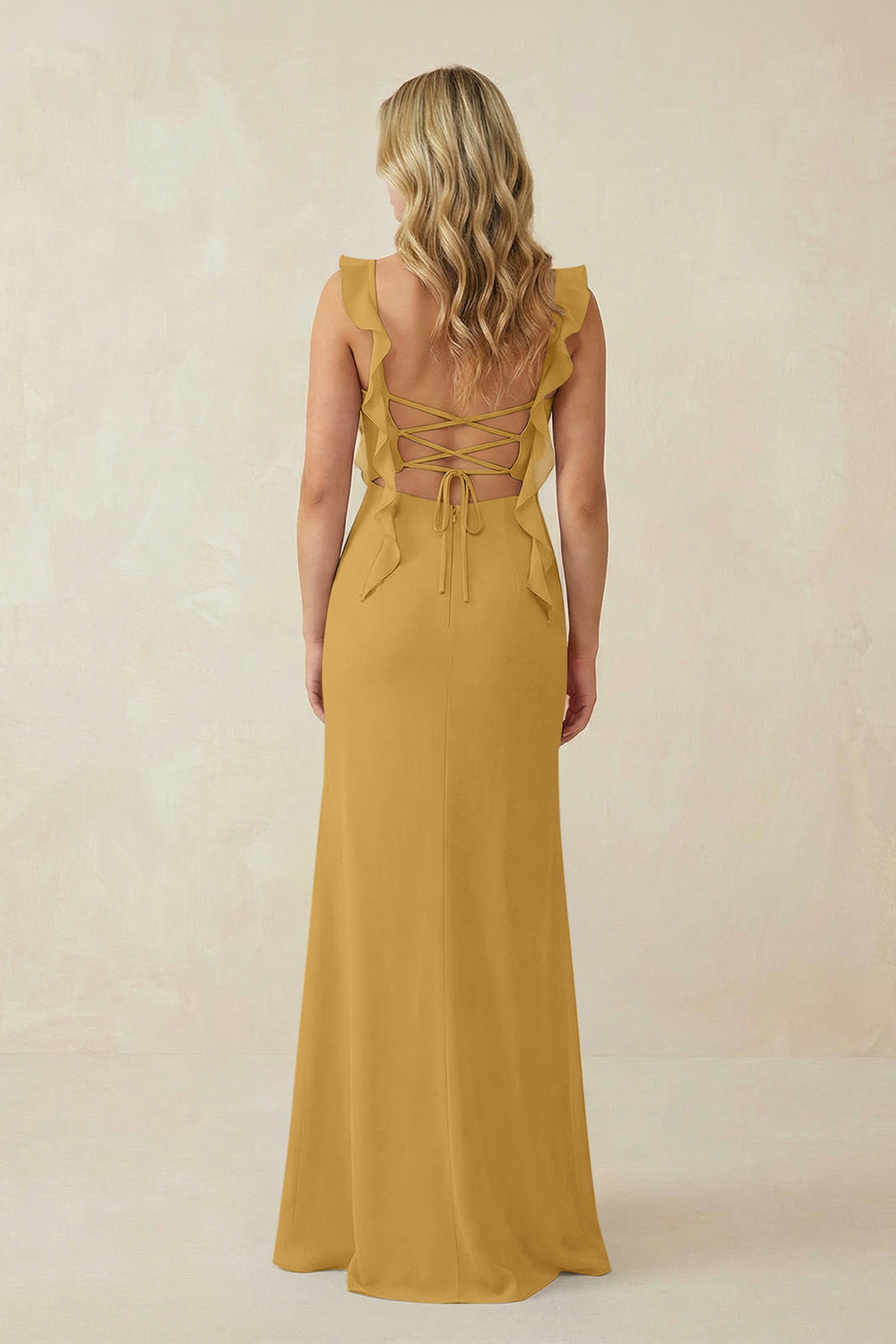 Ruffled Sleeve Ruched Sheath Chiffon Bridesmaid Dress in Marigold
