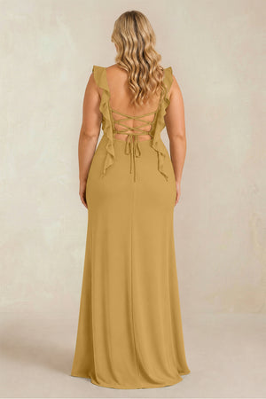 Marigold Ruffled Sleeve Ruched Sheath Chiffon Bridesmaid Dress (2) [sizeplus] | KISSBRIDAL