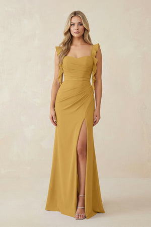 Marigold Ruffled Sleeve Ruched Sheath Chiffon Bridesmaid Dress | KISSBRIDAL