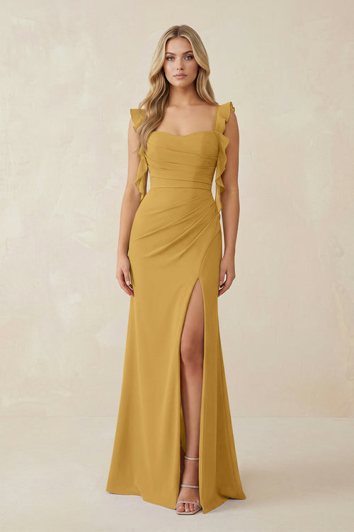 Marigold Ruffled Sleeve Ruched Sheath Chiffon Bridesmaid Dress | KISSBRIDAL