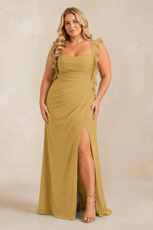 Marigold Ruffled Sleeve Ruched Sheath Chiffon Bridesmaid Dress [sizeplus] | KISSBRIDAL
