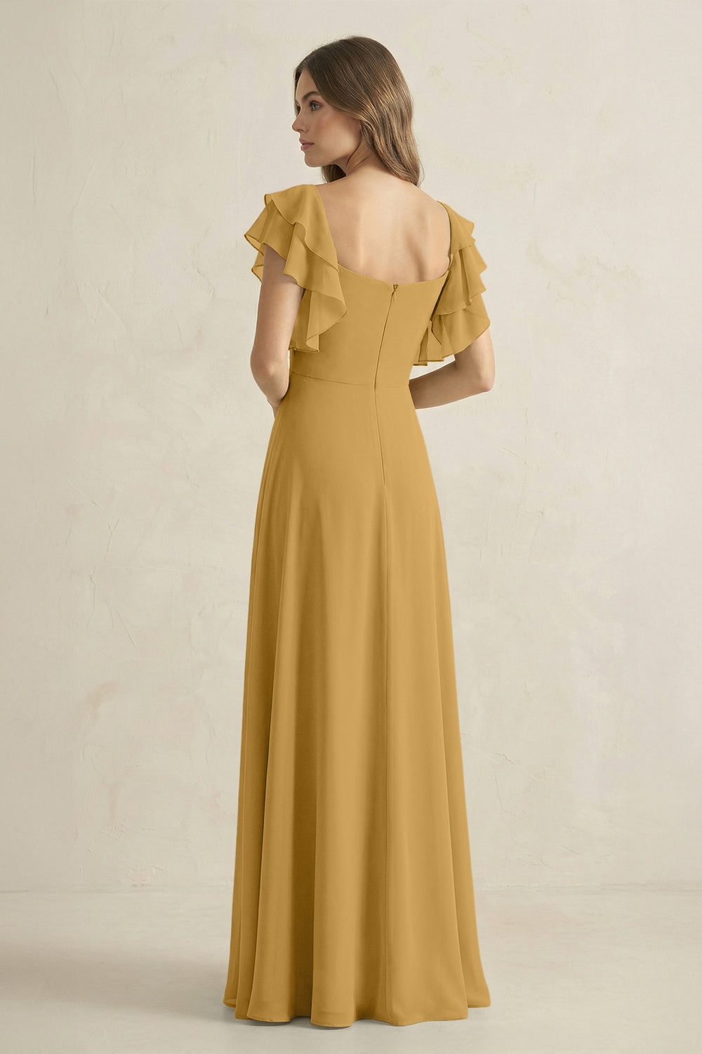 Ruffled Sleeves A-Line Chiffon Bridesmaid Dress in Marigold
