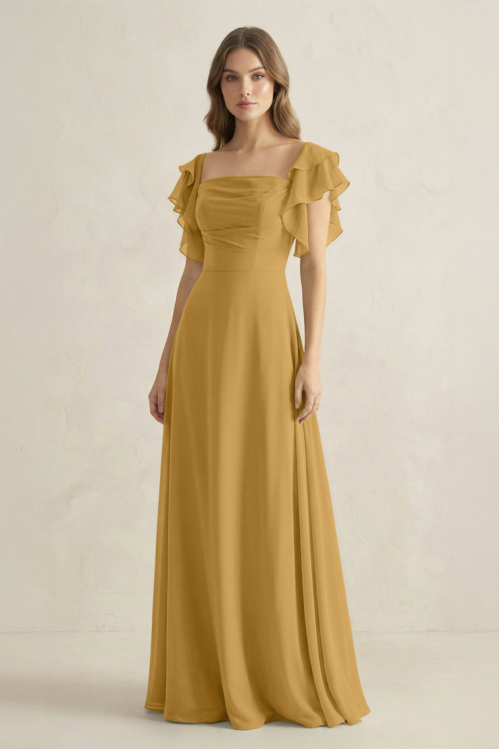 Ruffled Sleeves A-Line Chiffon Bridesmaid Dress in Marigold