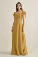 Marigold Ruffled Sleeves A-Line Chiffon Bridesmaid Dress | KISSBRIDAL