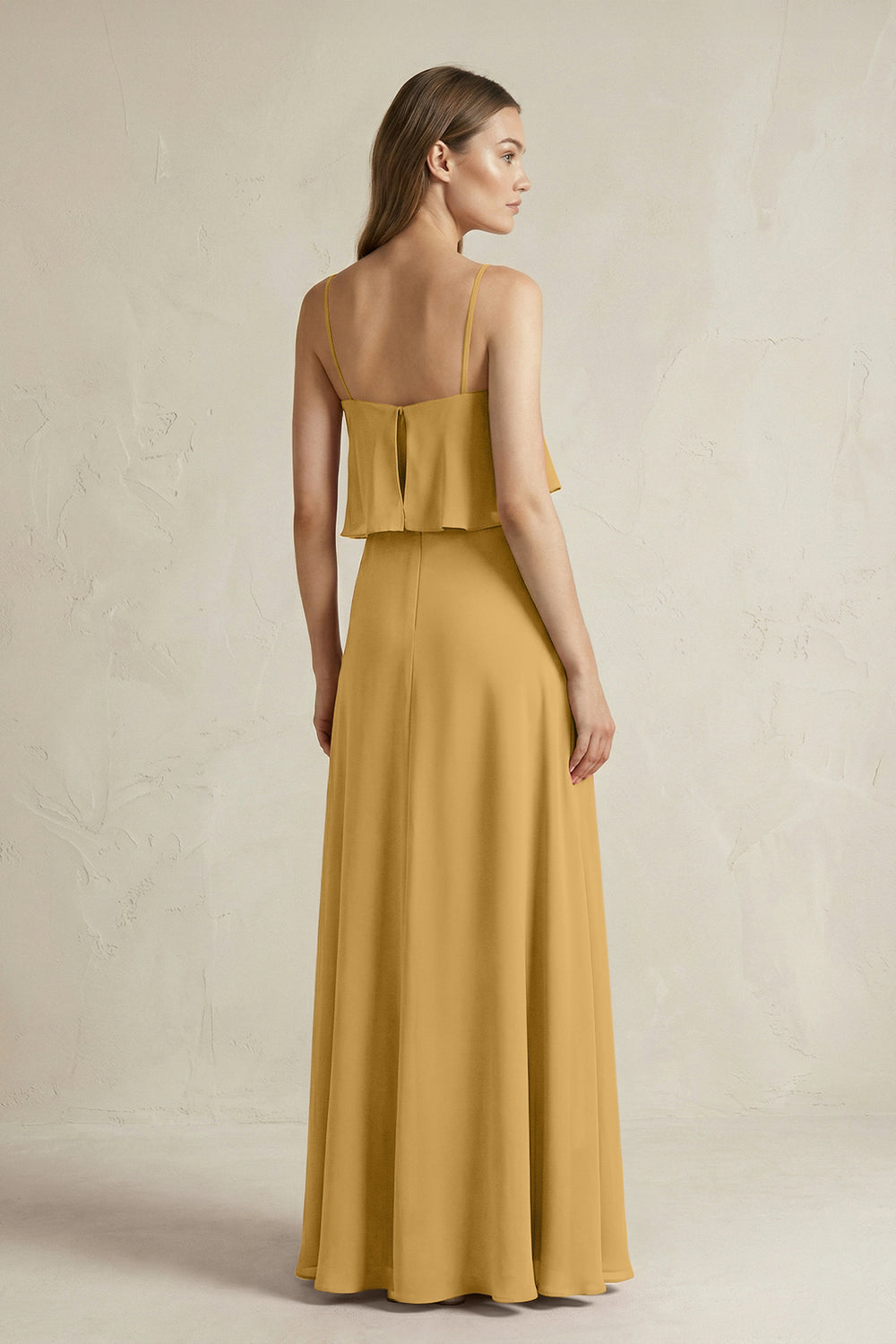 Ruffled Spaghetti Strap A-Line Chiffon Bridesmaid Dress in Marigold