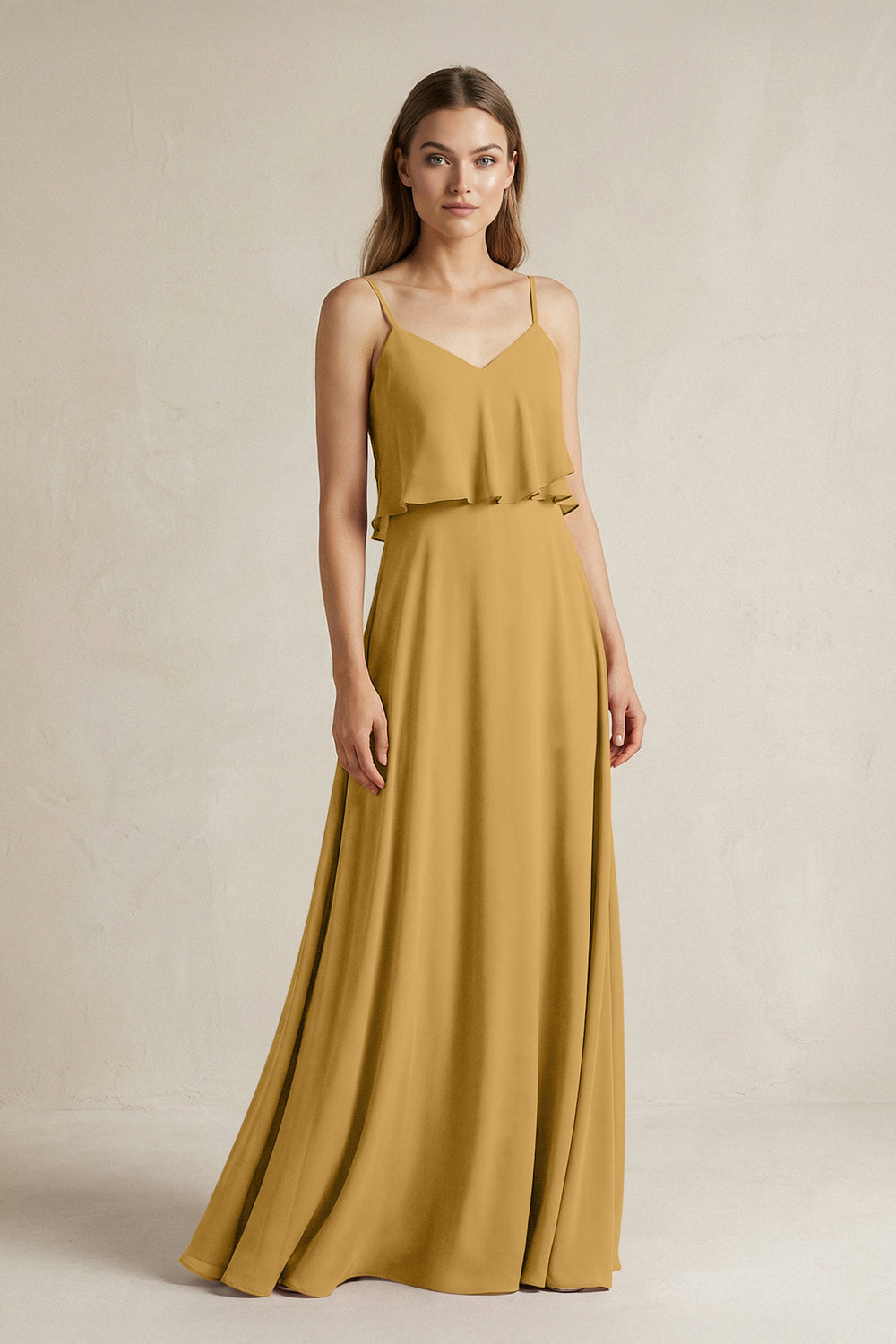 Ruffled Spaghetti Strap A-Line Chiffon Bridesmaid Dress in Marigold