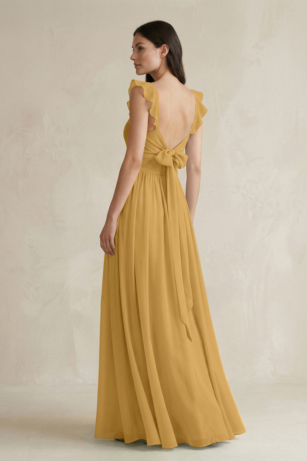 Ruffled Spaghetti Strap Chiffon A-Line Bridesmaid Dress in Marigold