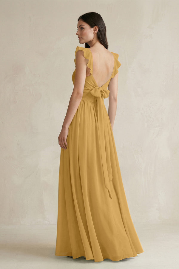 Marigold Ruffled Spaghetti Strap Chiffon A-Line Bridesmaid Dress (2) | KISSBRIDAL