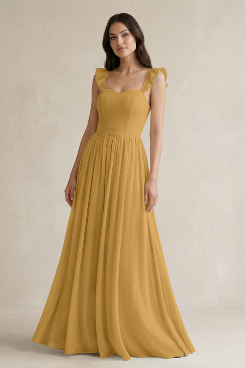 Marigold Ruffled Spaghetti Strap Chiffon A-Line Bridesmaid Dress | KISSBRIDAL