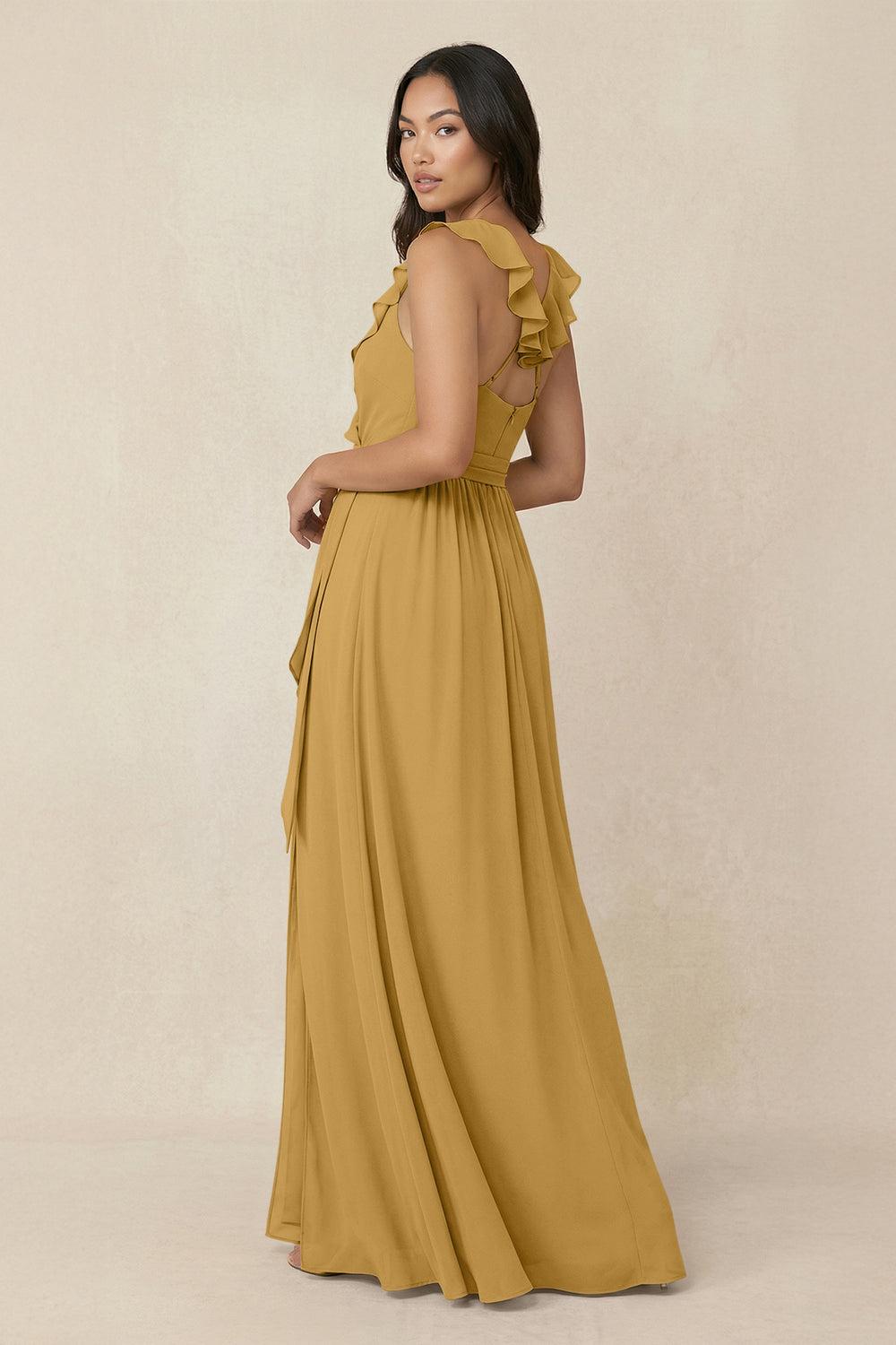 Ruffled V-Neck A-Line Chiffon Bridesmaid Dress in Marigold