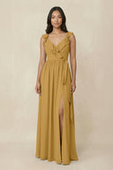 Marigold Ruffled V-Neck A-Line Chiffon Bridesmaid Dress | KISSBRIDAL