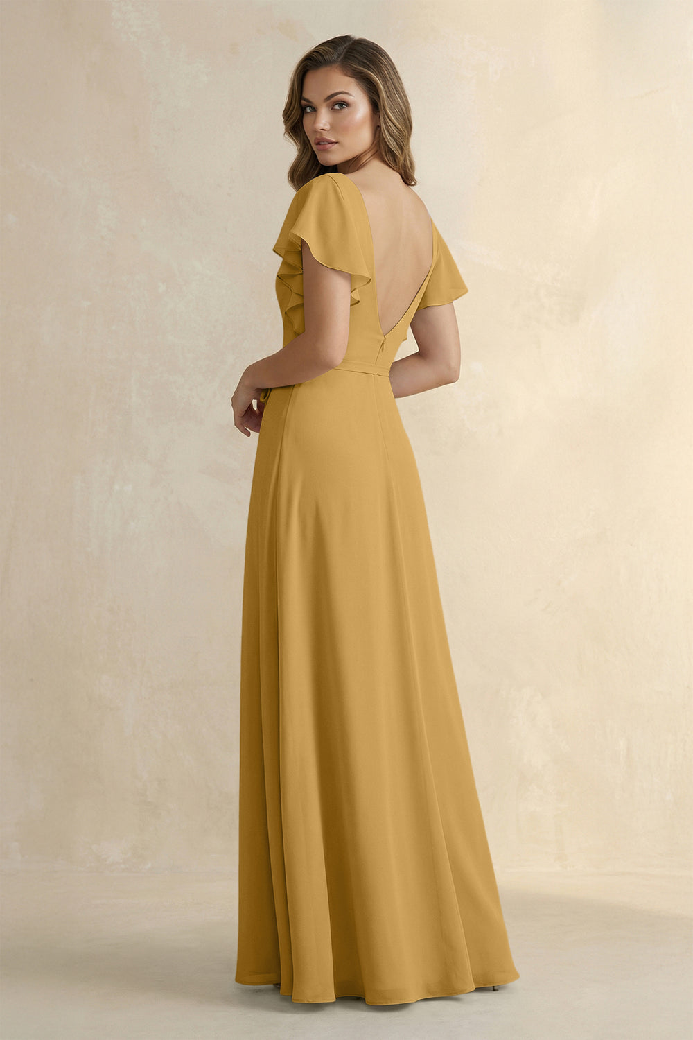 Ruffled V-Neck Chiffon A-Line Bridesmaid Dress in Marigold