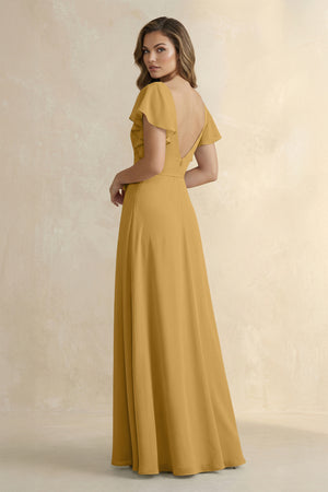 Marigold Ruffled V-Neck Chiffon A-Line Bridesmaid Dress (2) | KISSBRIDAL