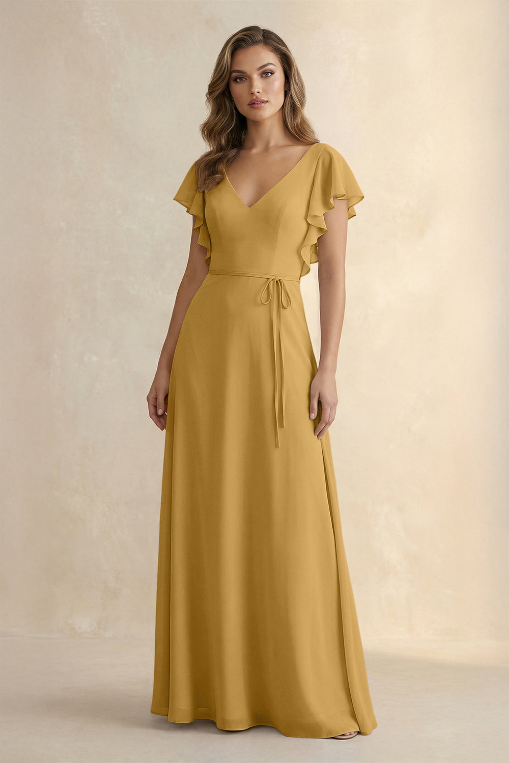 Ruffled V-Neck Chiffon A-Line Bridesmaid Dress in Marigold