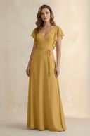 Marigold Ruffled V-Neck Chiffon A-Line Bridesmaid Dress | KISSBRIDAL