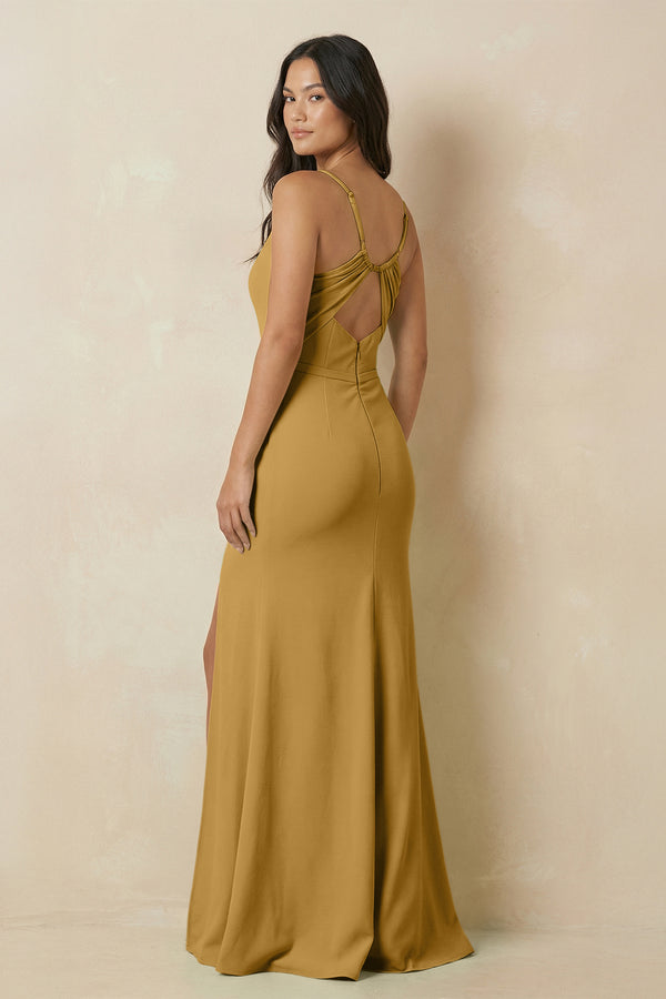 Marigold Sheath Cami Strap Chiffon Bridesmaid Dress with Slit (2) | KISSBRIDAL