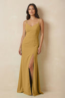 Marigold Sheath Cami Strap Chiffon Bridesmaid Dress with Slit | KISSBRIDAL