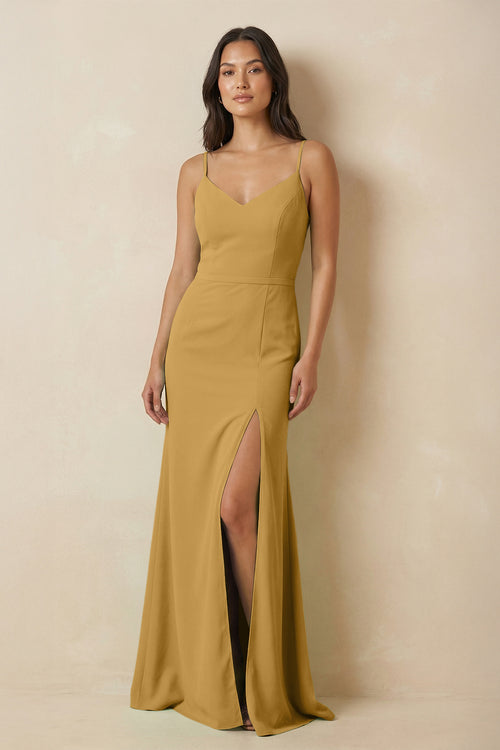 Marigold Sheath Cami Strap Chiffon Bridesmaid Dress with Slit | KISSBRIDAL