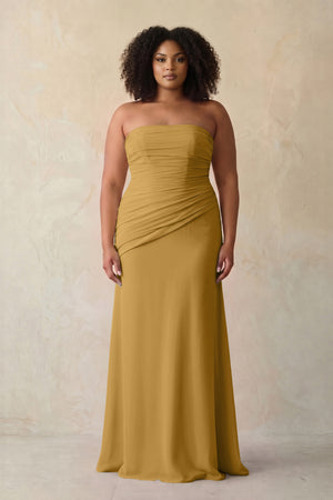 Marigold Sheath Chiffon Strapless Pleated Bridesmaid Dress (3) [sizeplus] | KISSBRIDAL