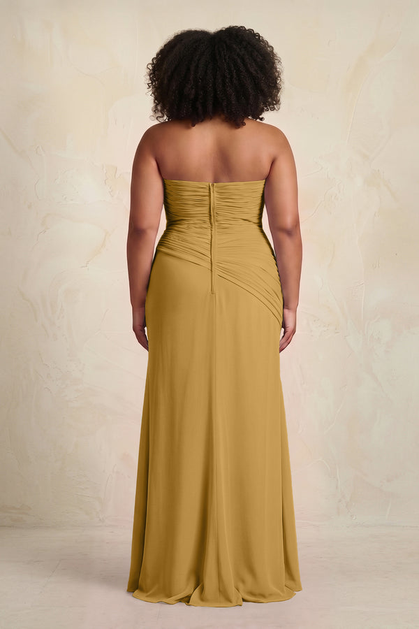 Marigold Sheath Chiffon Strapless Pleated Bridesmaid Dress (4) [sizeplus] | KISSBRIDAL