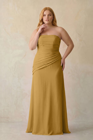 Marigold Sheath Chiffon Strapless Pleated Bridesmaid Dress [sizeplus] | KISSBRIDAL