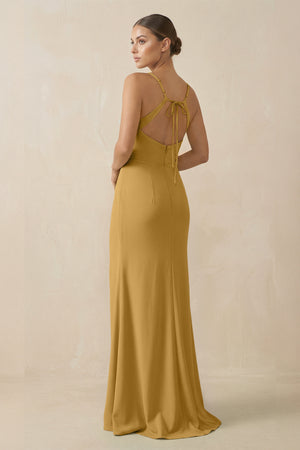 Marigold Sheath Spaghetti Straps Chiffon Long Bridesmaid Dress (2) | KISSBRIDAL