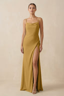 Marigold Sheath Spaghetti Straps Chiffon Long Bridesmaid Dress | KISSBRIDAL