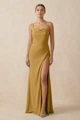 Marigold Sheath Spaghetti Straps Chiffon Long Bridesmaid Dress | KISSBRIDAL