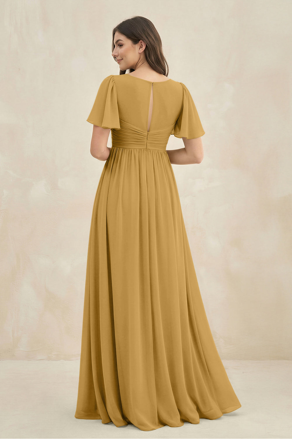 Short Sleeve Chiffon V-Neck A-Line Bridesmaid Dress in Marigold