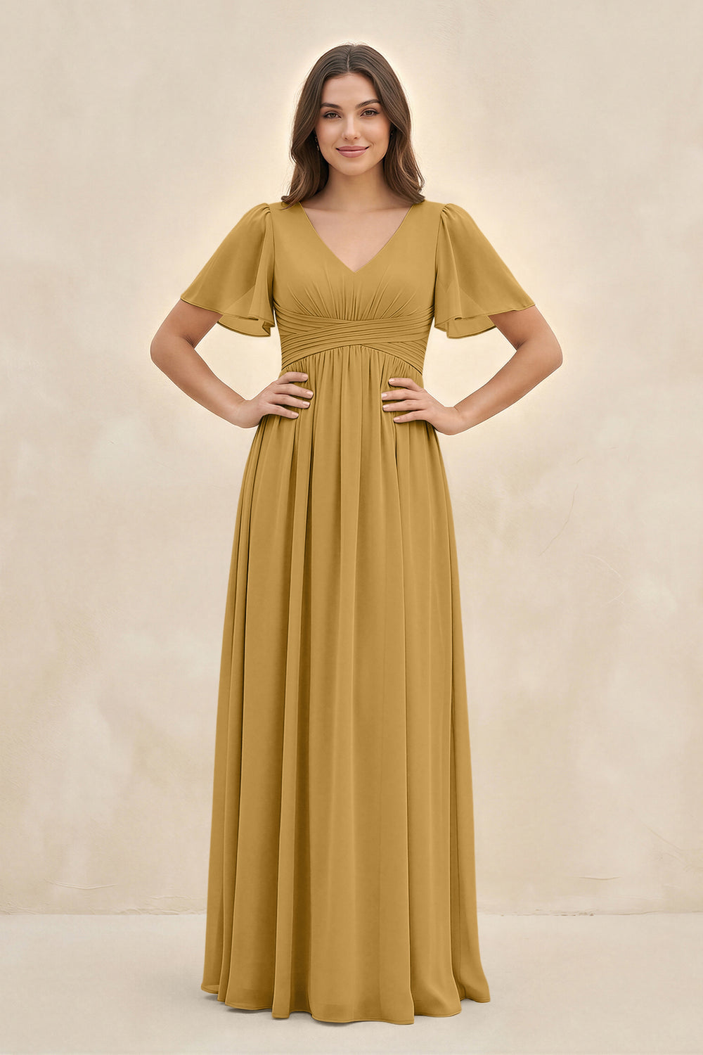 Short Sleeve Chiffon V-Neck A-Line Bridesmaid Dress in Marigold