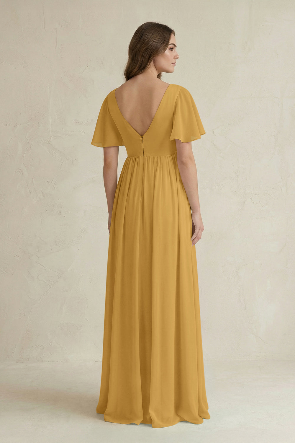 Short Sleeve V-Neck A-Line Chiffon Bridesmaid Dress in Marigold