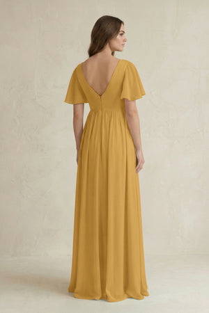 Marigold Short Sleeve V-Neck A-Line Chiffon Bridesmaid Dress (2) | KISSBRIDAL