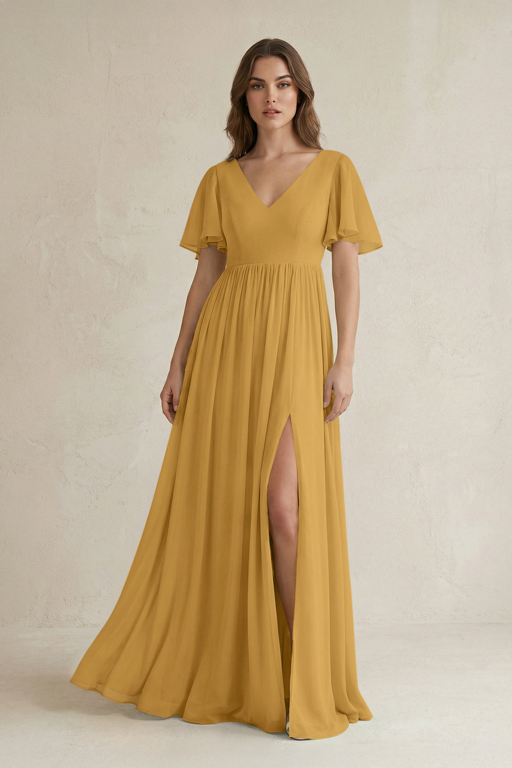 Short Sleeve V-Neck A-Line Chiffon Bridesmaid Dress in Marigold