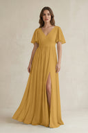 Marigold Short Sleeve V-Neck A-Line Chiffon Bridesmaid Dress | KISSBRIDAL