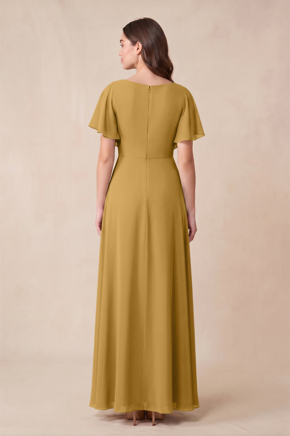 Short Sleeves Bateau A-Line Chiffon Bridesmaid Dress in Marigold