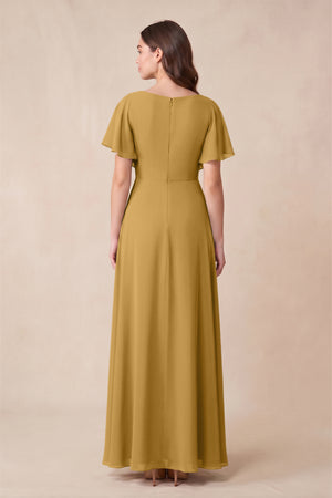 Marigold Short Sleeves Bateau A-Line Chiffon Bridesmaid Dress (2) | KISSBRIDAL