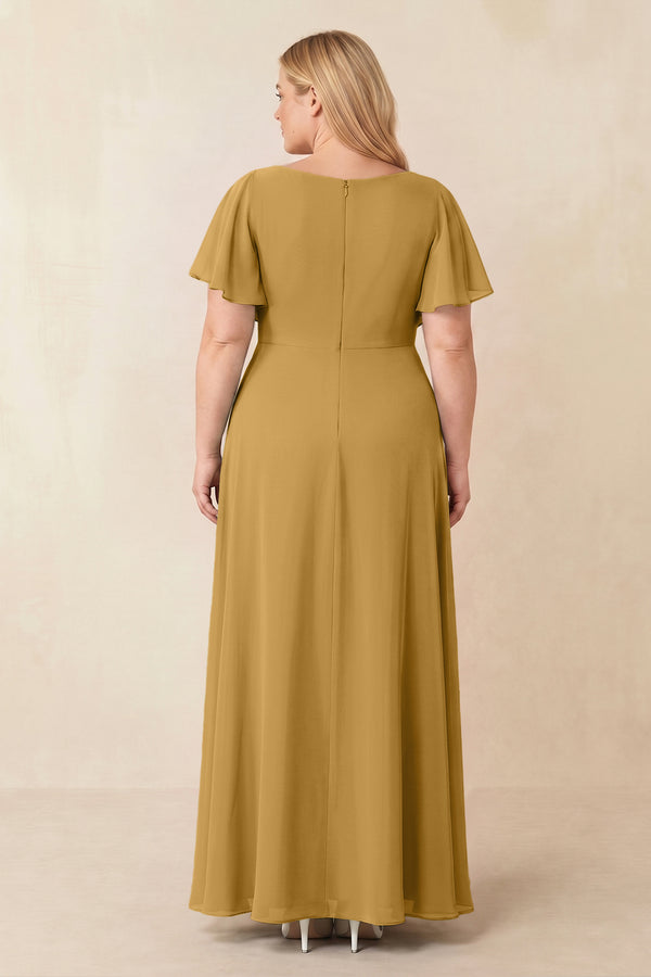 Marigold Short Sleeves Bateau A-Line Chiffon Bridesmaid Dress (2) [sizeplus] | KISSBRIDAL