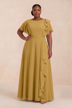 Marigold Short Sleeves Bateau A-Line Chiffon Bridesmaid Dress (3) [sizeplus] | KISSBRIDAL