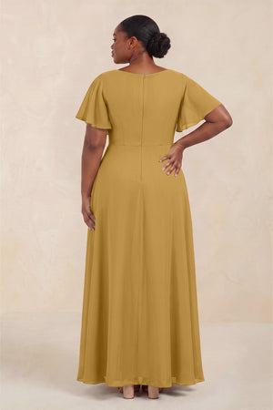 Marigold Short Sleeves Bateau A-Line Chiffon Bridesmaid Dress (4) [sizeplus] | KISSBRIDAL