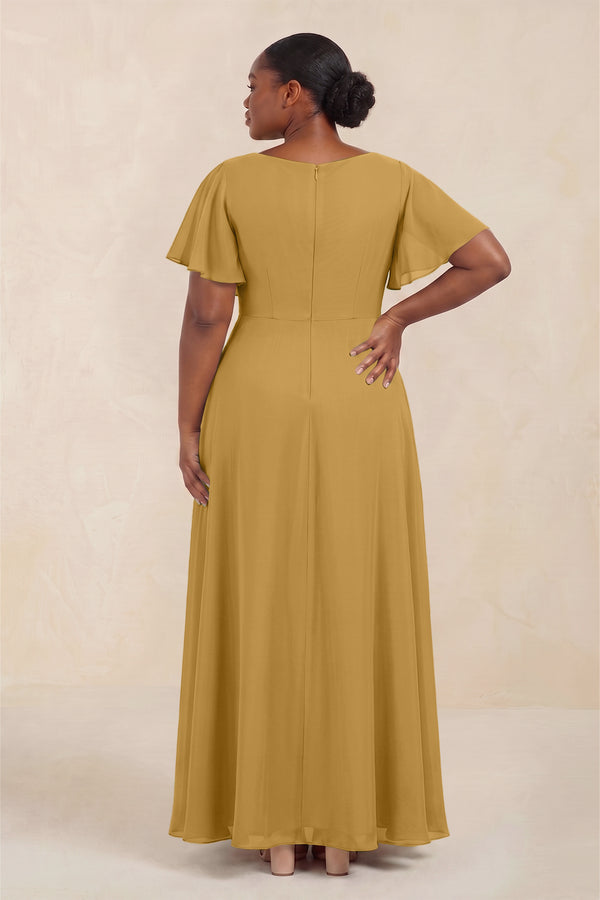 Marigold Short Sleeves Bateau A-Line Chiffon Bridesmaid Dress (4) [sizeplus] | KISSBRIDAL